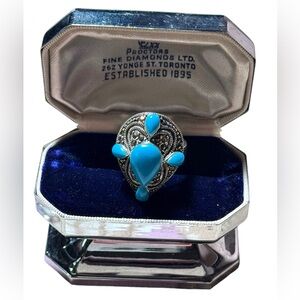 Stunning marcasite turquoise large sterling silver dinner ring